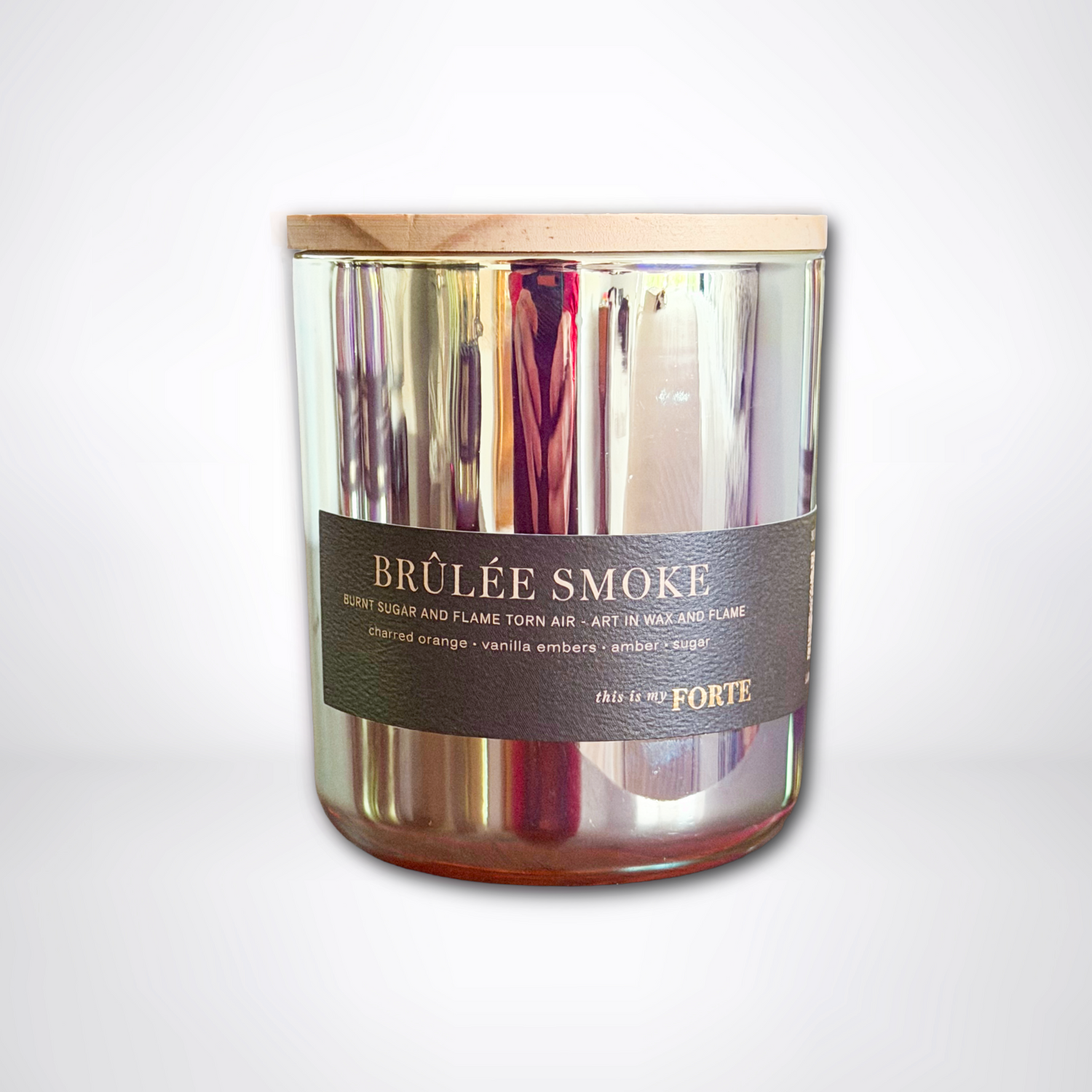 Brûlée Smoke luxury candle in iridescent glass - caramelized sugar, dark vanilla and membered woods